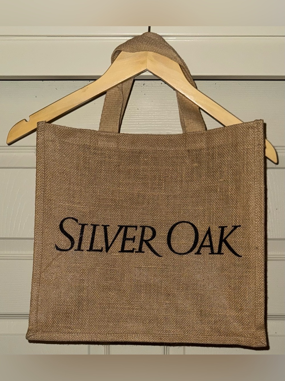 Silver Oak Burlap Tote Bag - Natural Brown with Black Logo